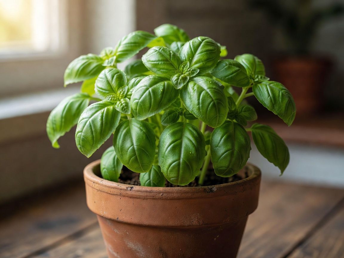Fragrant fresh green basil plant in a clay container