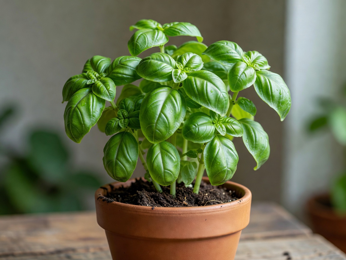 Aromatic fresh potted basil and rosemary herbs