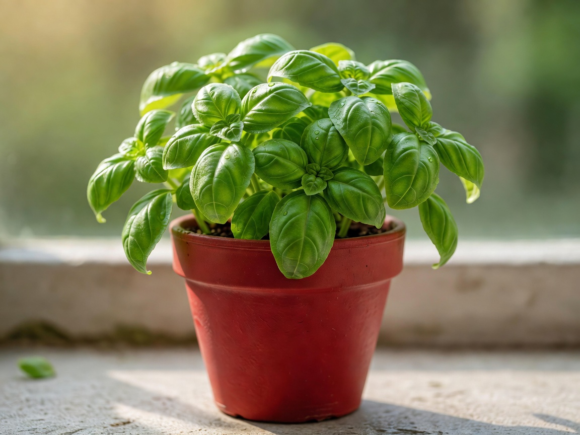 Fresh green sweet basil in red terracotta pot