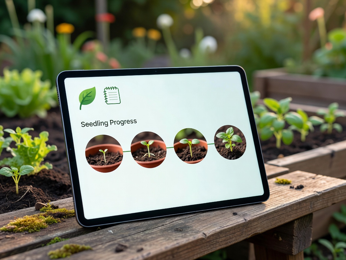 Garden notes app interface and seedling progress