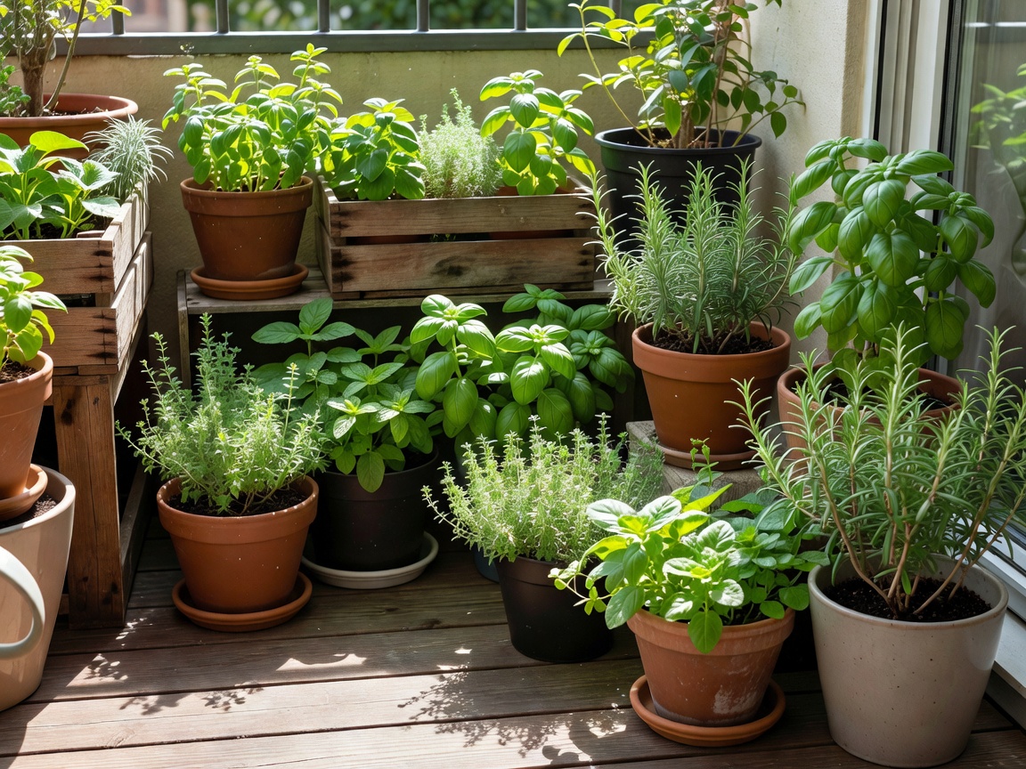 Sunlit apartment balcony garden with flourishing potted herbs and planters